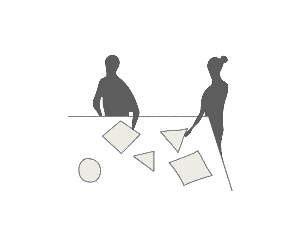 Graphics of people workshopping designs around a table