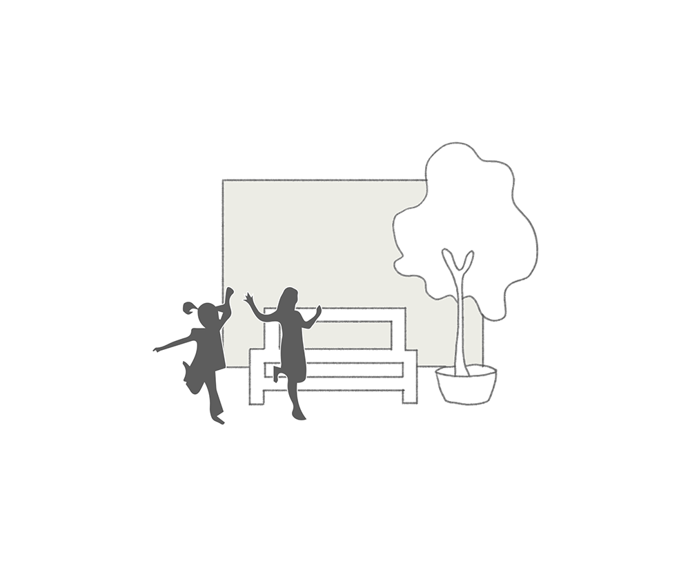 Silhouettes of children playing around a park bench and tree